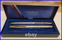 VTG Parker 75 Sterling Silver Cisele Ball Point & Fountain Pen 14K Nib Set Box