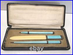 Vintage German Sterling Silver and Blue Guilloche Enamel Pencil Set