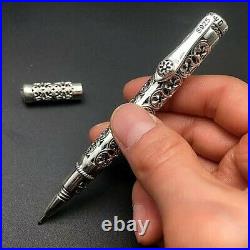 Vintage S925 Pen Sterling Silver Carved Feathers Openwork Refillable Pendant