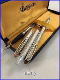 Waterman C/F Sterling Silver Argent massif Barley 18k Med WithConverter B. NEW BOX